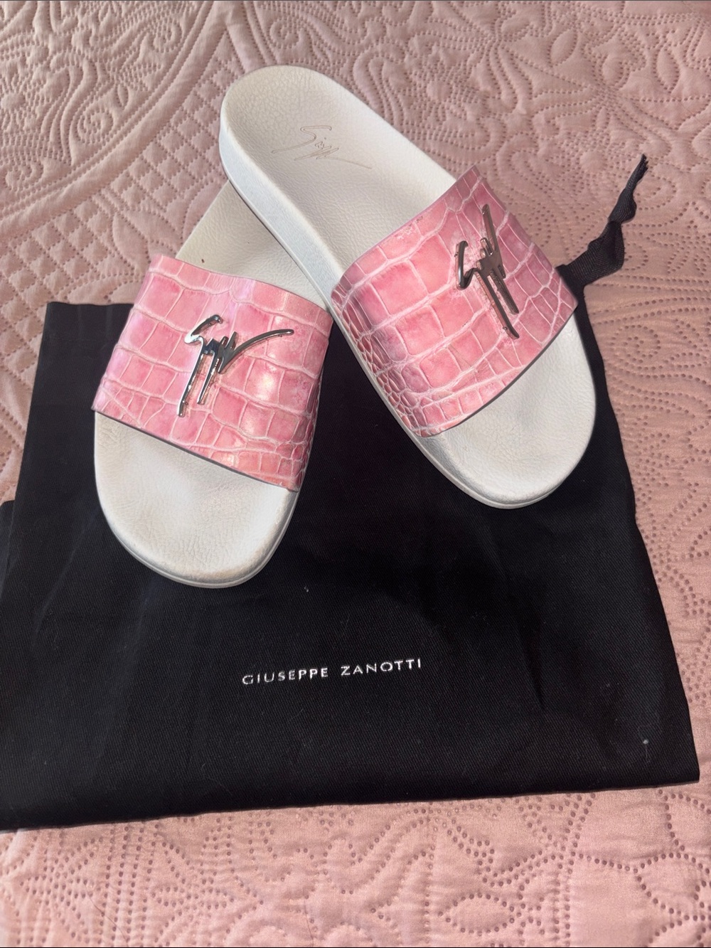 Giuseppe Zanotti Pink Croc-Embossed Slide Sandals with Metallic Logo
